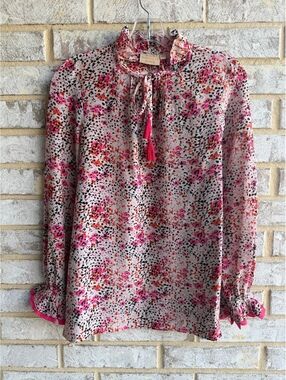 Rungolee Ruffled Long Sleeve Tie Neck Abstract Floral Semi-Sheer Blouse Size XS